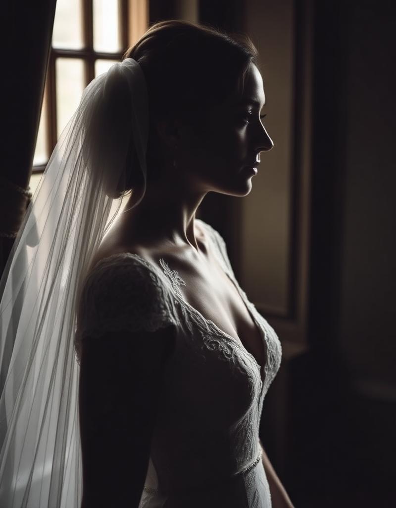Bride in lace dress by window