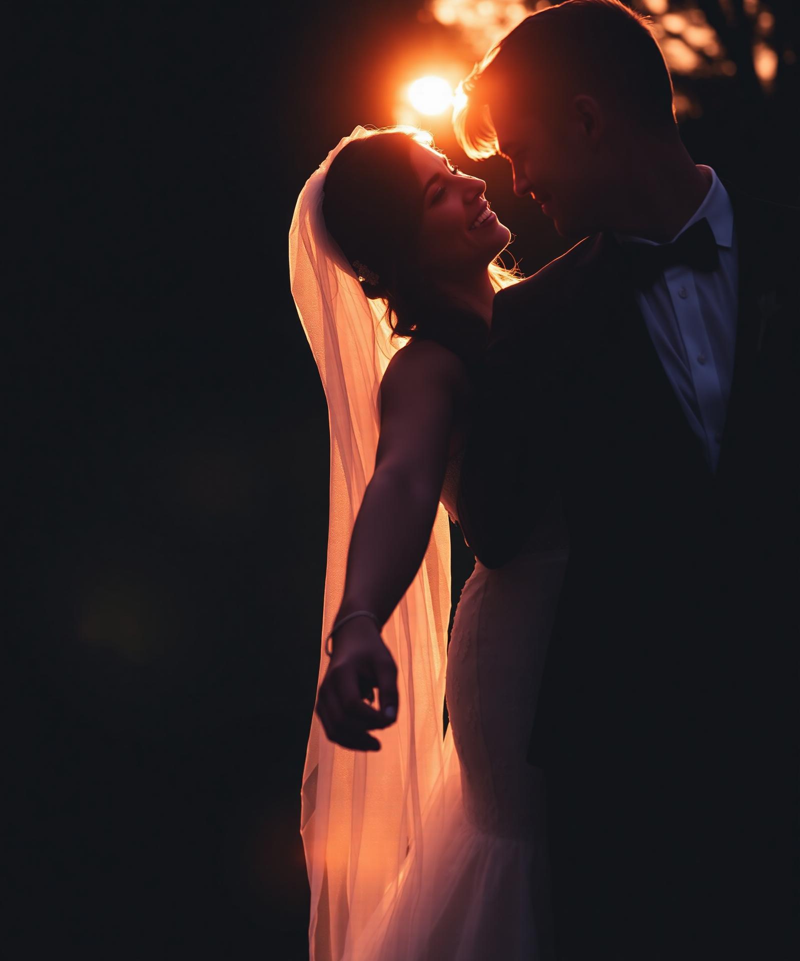 Bride and groom silhouette at golden hour